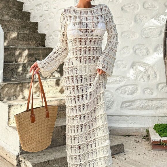 Beige Women's Crochet Jacquard Long Cover Up Dress - Picture 4 of 6